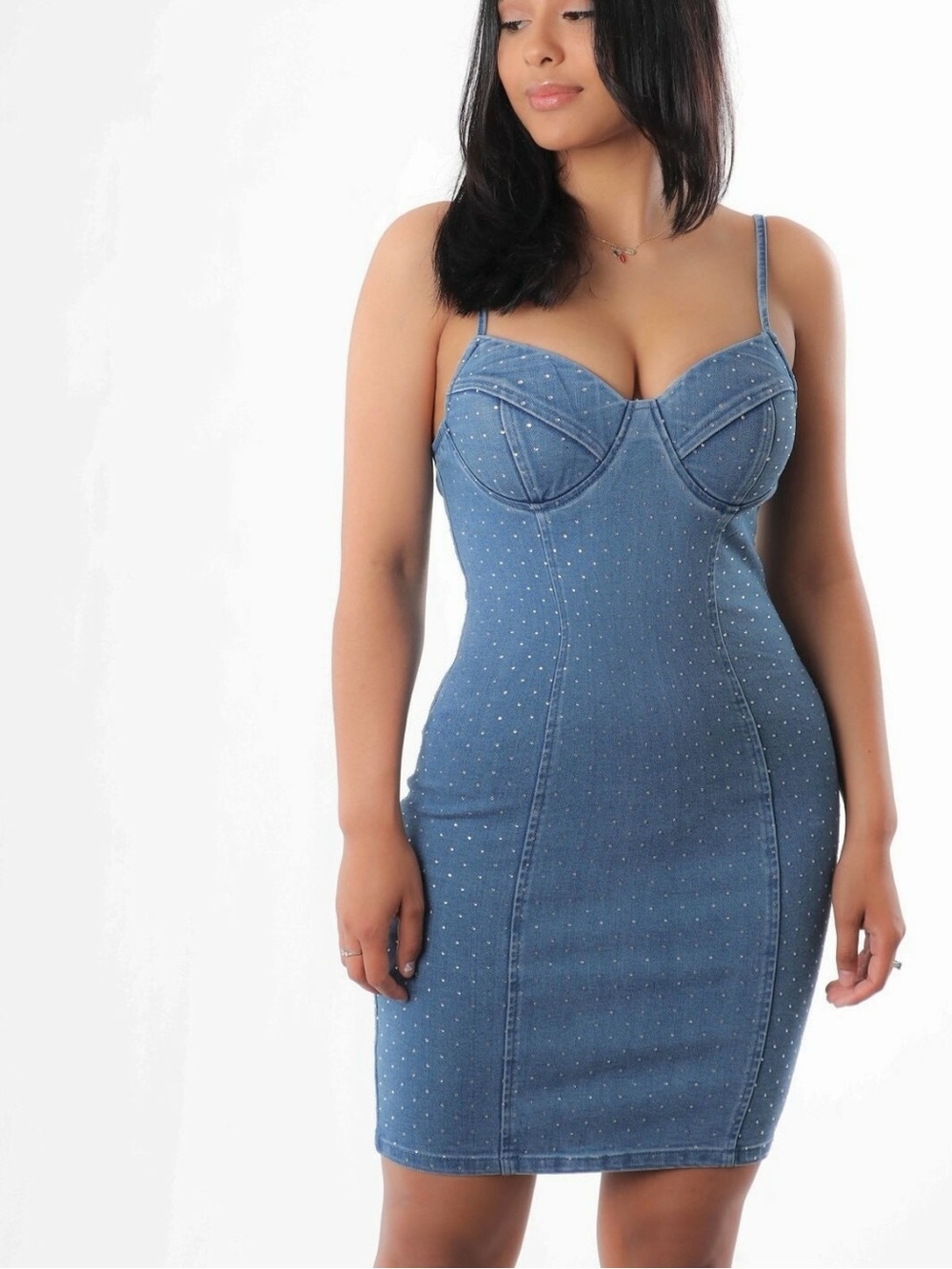 NWT Iris Denim Rhinestone Bodycon Mini Dress Light Wash Size M
